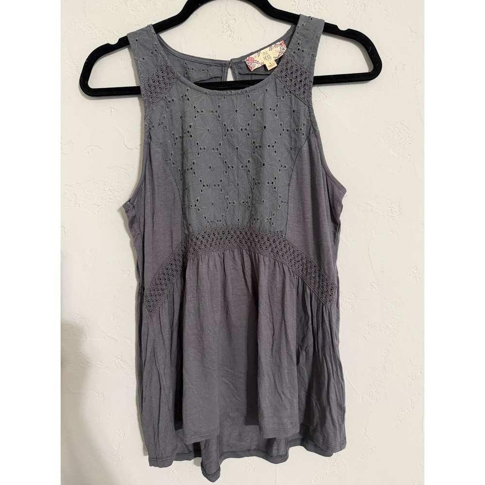 Pink Rose Vintage Gray Eyelet Lace Babydoll Tank Top Sleeveless Crochet Small‎